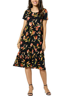 Comfort Code Printed Jersey Knit Tiered-Hem T-shirt Dress Black Floral - Regular